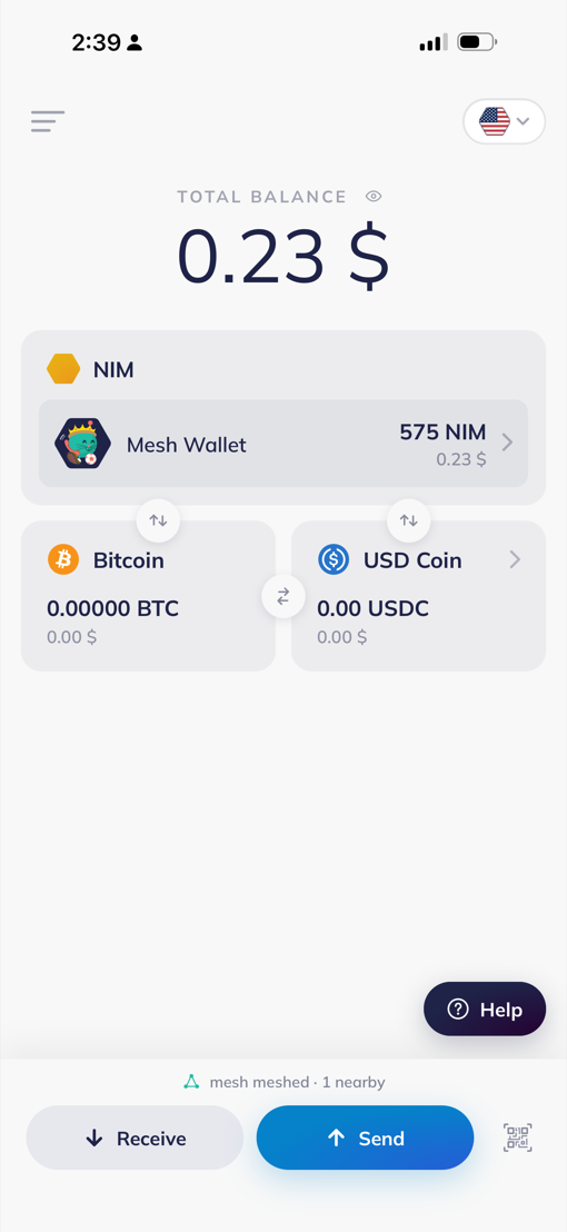 The same wallet one minute later, the status line now reading mesh meshed, 1 nearby.